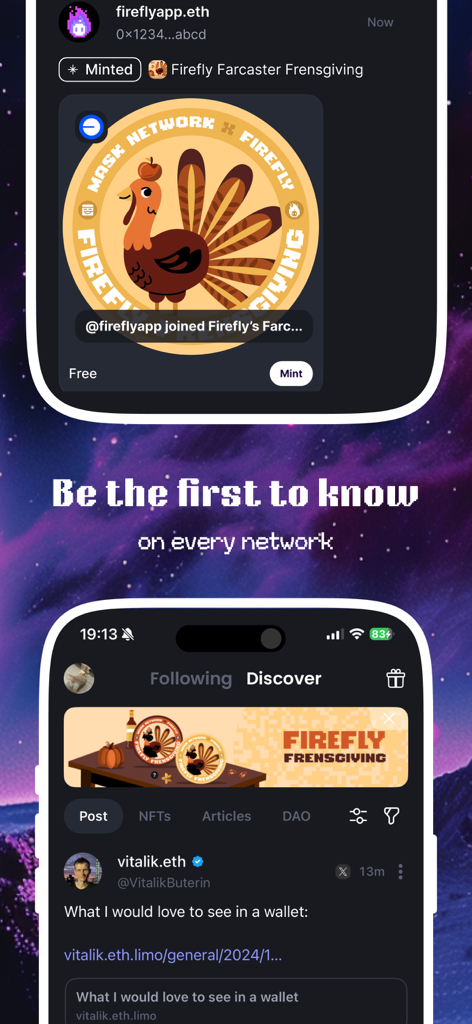 Mobile app interface of Firefly showing a combined Web3 social feed with NFT minting options and posts from onchain identities like vitalik.eth.