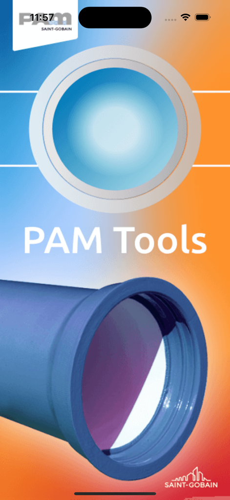 PAM tools - PAM Tools app splash screen by Saint Gobain featuring ductile iron pipe illustrations