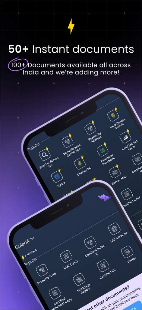 Landeed – Land Records & Bills - Interfaz de la aplicación Landeed que muestra acceso instantáneo a más de 100 documentos de propiedad de la India y servicios NRI