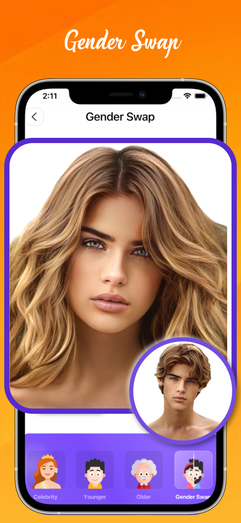 How Will I Look When Im Older - AI gender swap feature transforming a man into a woman in the app interface