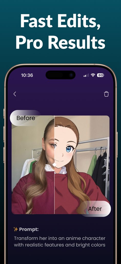 AI Image Editor via Chat - AI Image Editor app interface showing a photo of a woman being transformed into an anime character using a text prompt