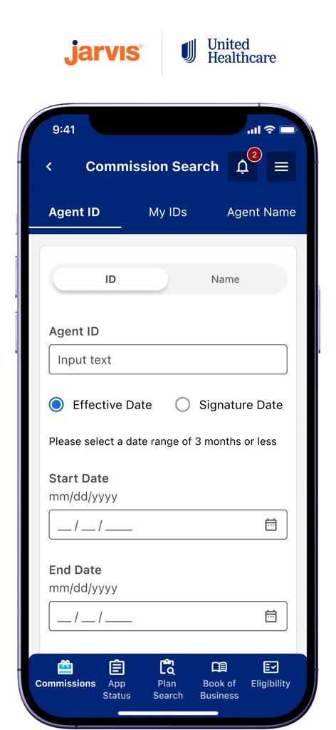 Commission search interface of the Jarvis app by UnitedHealthcare for insurance agents showing agent ID and date range fields.