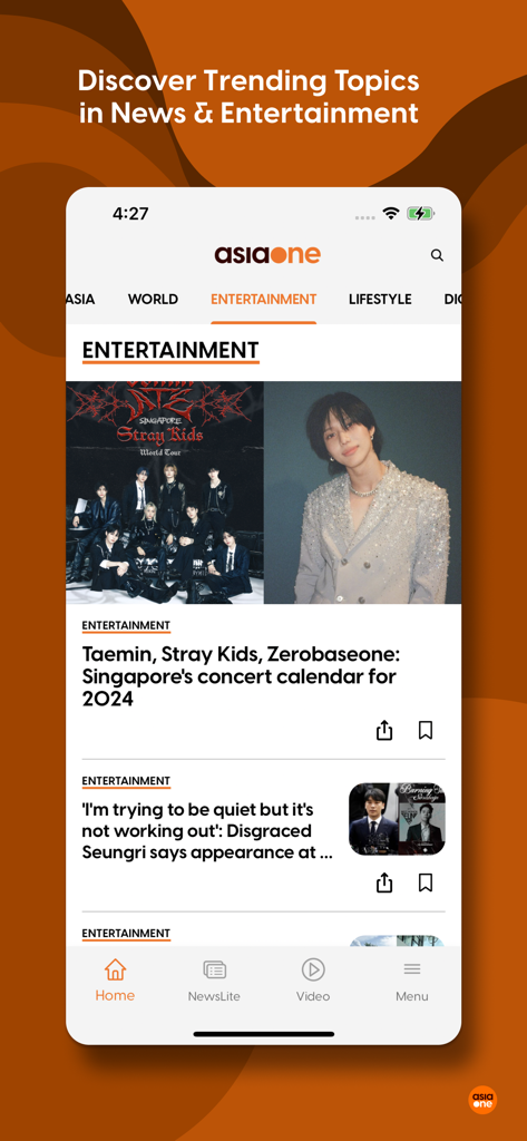 App mobile AsiaOne che mostra la sezione notizie di intrattenimento con storie sui concerti K-pop.
