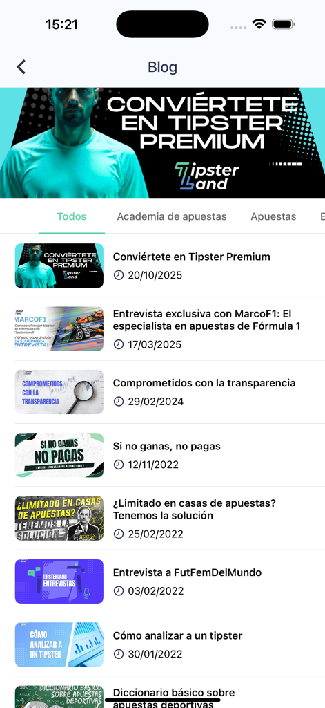 Tipsterland - Apuestas - Screenshot des Blogbereichs der Tipsterland App mit verschiedenen Artikeln und Interviews über Sportwetten-Tipps und Transparenz