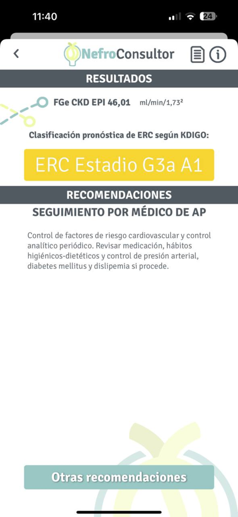 Nefroconsultor - Captura de pantalla de la aplicación NefroConsultor que muestra los resultados de la etapa de enfermedad renal crónica y las recomendaciones de seguimiento médico