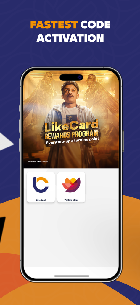 Smartphone affichant l'écran du programme de récompenses LikeCard avec l'activation la plus rapide du code