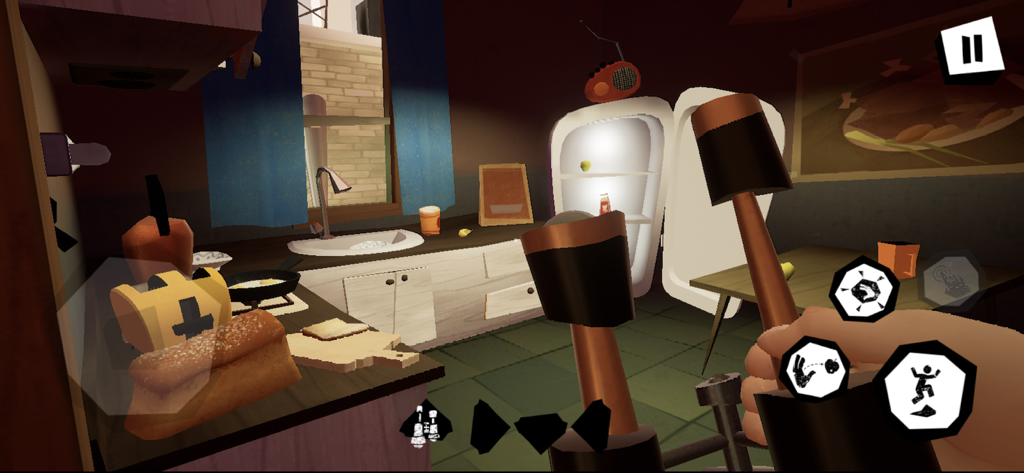 First-person perspective of a player holding a hammer in the neighbor's kitchen in Hello Neighbor.