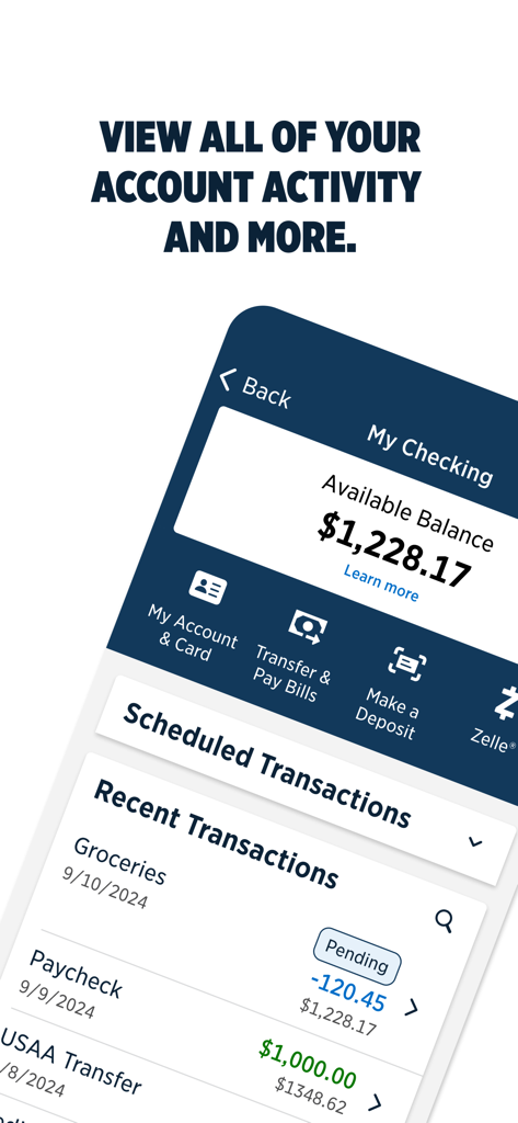 USAA Mobile app interface showing checking account balance and recent transactions