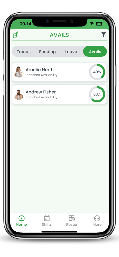 RosterElf mobile app dashboard showing employee availability percentages