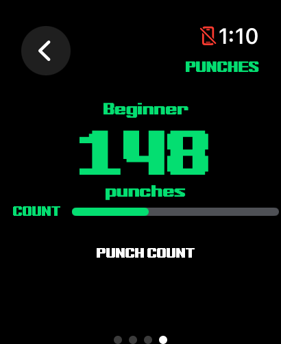 Apple Watch screen showing 148 punches recorded in Punch Logger beginner mode