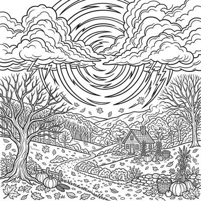 Immerse yourself in a dynamic autumn scene where the drama of echoing thunder meets the rustic charm of harvest time. This detailed coloring page invites you to bring a stormy yet serene fall landscape to life with your favorite colors.