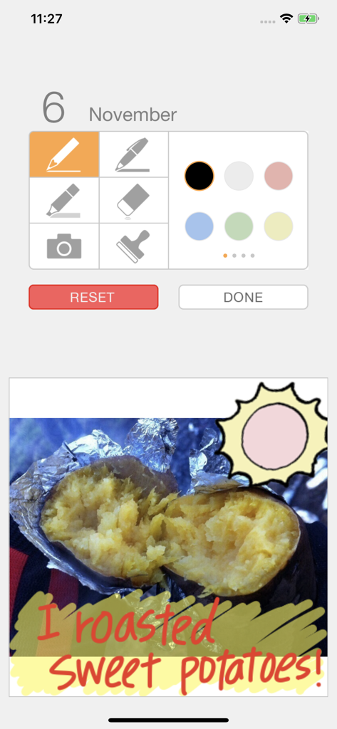 Palu - Handwriting Calendar - - Bearbeitungsbildschirm des Palu-Kalenders mit einem Foto von gerösteten Süßkartoffeln und handschriftlichem Text
