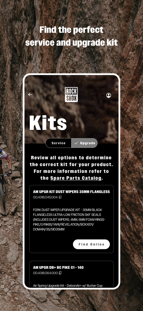 RockShox TrailHead app screen showing suspension service and upgrade kit options for mountain bikes