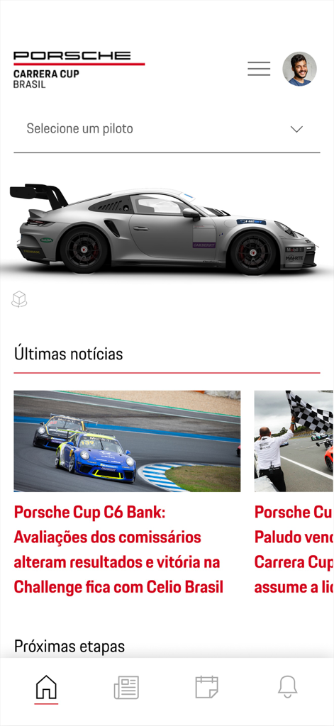 Porsche Cup Brasil 앱 홈 화면에는 은색 경주용 자동차와 최신 모터스포츠 뉴스가 특징입니다.
