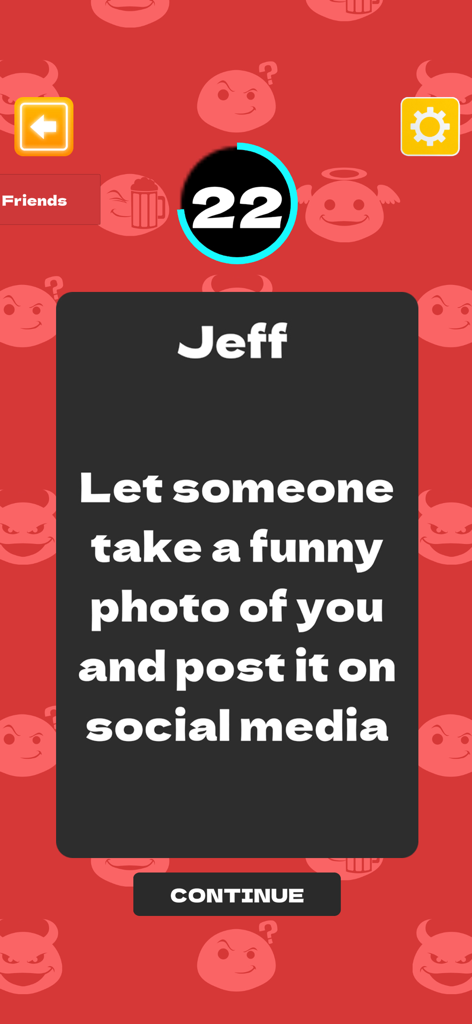 Lie Detector Test - Truth Dare - Tela de aplicativo móvel mostrando um desafio de Verdade ou Desafio para postar uma foto engraçada nas redes sociais para um jogador chamado Jeff.