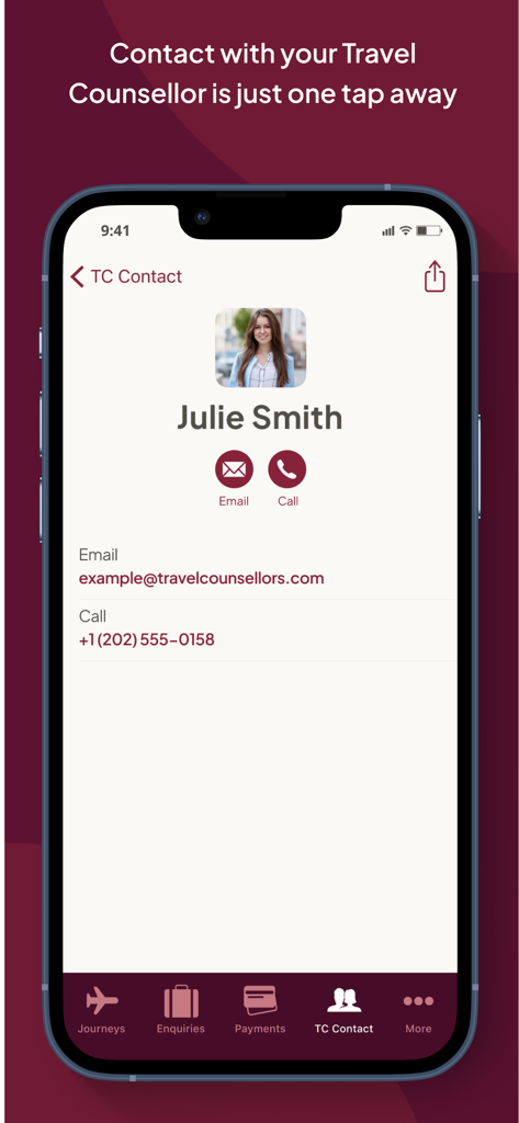 myTC - Travel Counsellors - Contact information for a travel counsellor in the myTC app