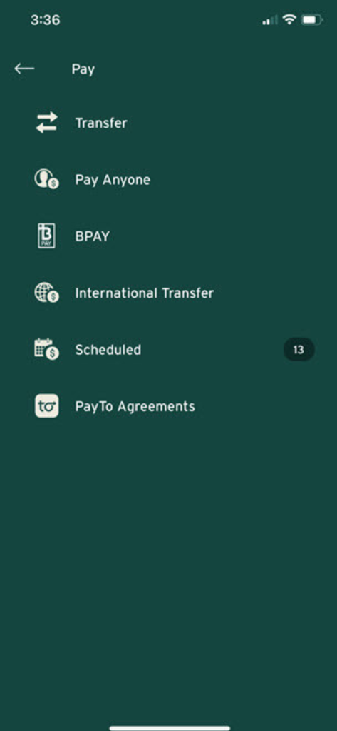 Mobile banking payment menu with options for transfers, BPAY, and scheduled payments.