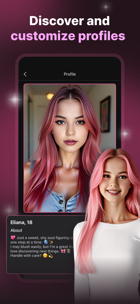 Luna: Chat with AI Character - Interface of Luna app showing a profile for a customizable AI character named Eliana