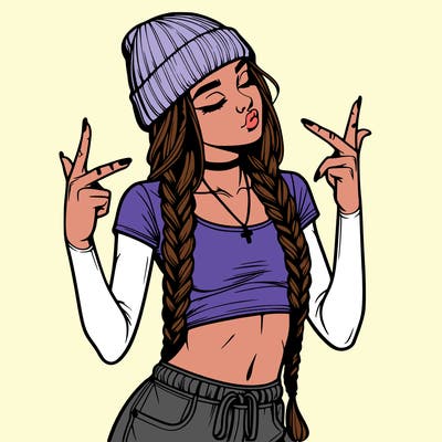 realistic teenage girl with braids and a beanie and crop top doing 🫶🏼