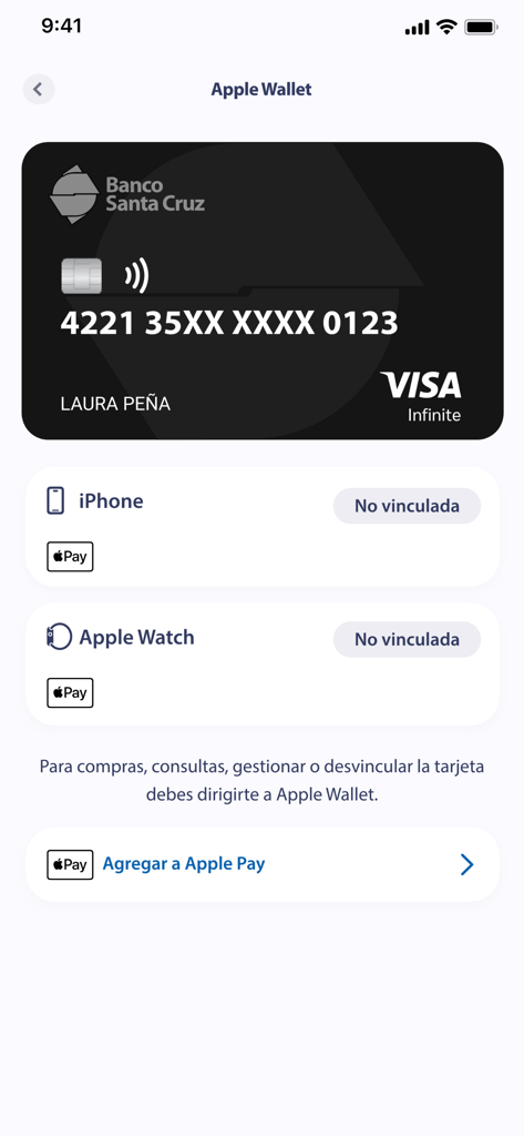 App BSC - Mobile app screen for adding a Banco Santa Cruz Visa credit card to Apple Wallet and Apple Pay