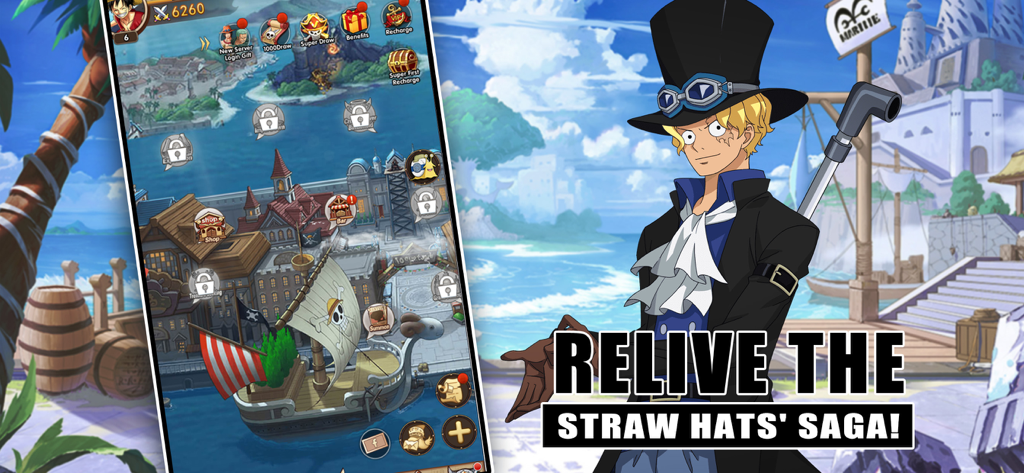 Pirate Frontline - Pirate Frontline mobile game screenshot showing a pirate town interface and an anime character with the text Relive the Straw Hats Saga