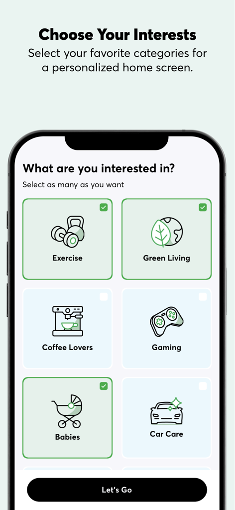 Consumer Reports - Pantalla de incorporación de la aplicación Consumer Reports que muestra categorías de selección de intereses de productos
