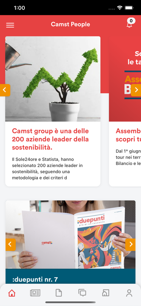 Camst People - The dashboard of the Camst People app featuring company news and internal publications.