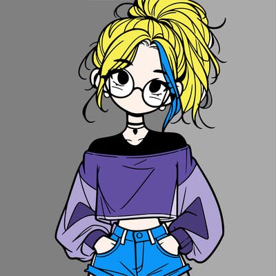 girl with a messy ponytail glasses a baggy crop top and jean shorts