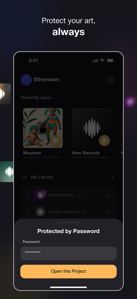 Musive: For Music Artists - Smartphone screen showing a password entry field to securely open a private music project in the Musive app.