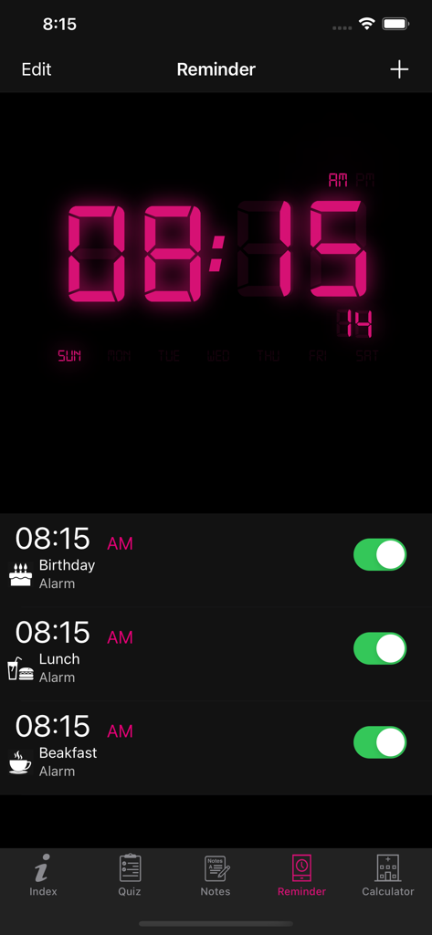 Screenshot of the reminder and alarm feature in the Biology Terms Dictionary Pro app with a digital clock and list of scheduled notifications.
