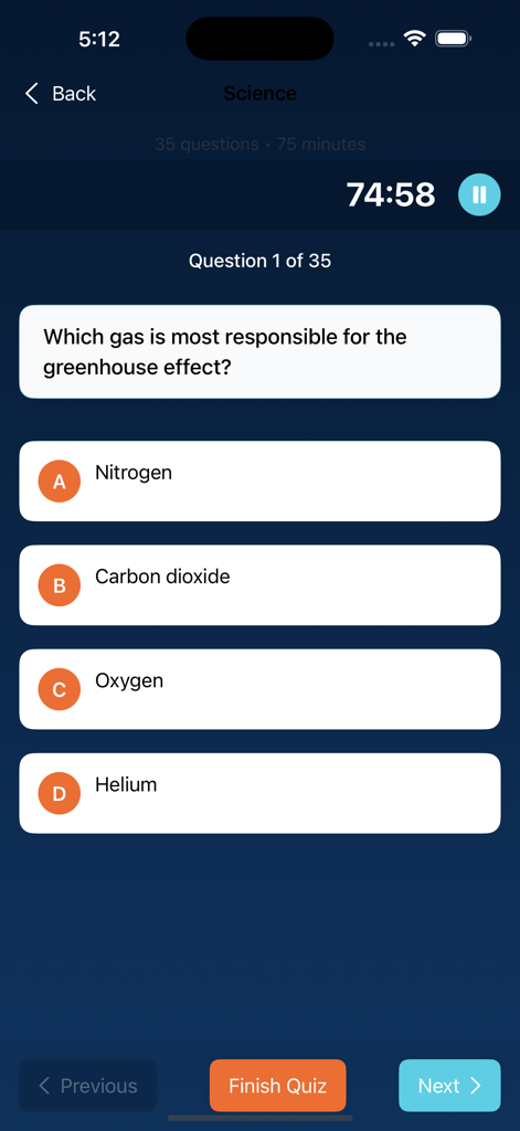CAEC Ready - A science practice question about greenhouse gases in the CAEC Ready app quiz interface.