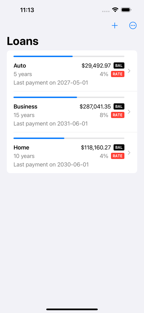 Amortization - Loan Calculator - Dashboard view of the Amortization app showing a summary of auto business and home loans with balances and interest rates