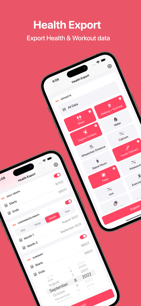 Health App Data Export Tool - Interface of the Health App Data Export Tool showing selectable health datasets and report configuration options on iPhone screens