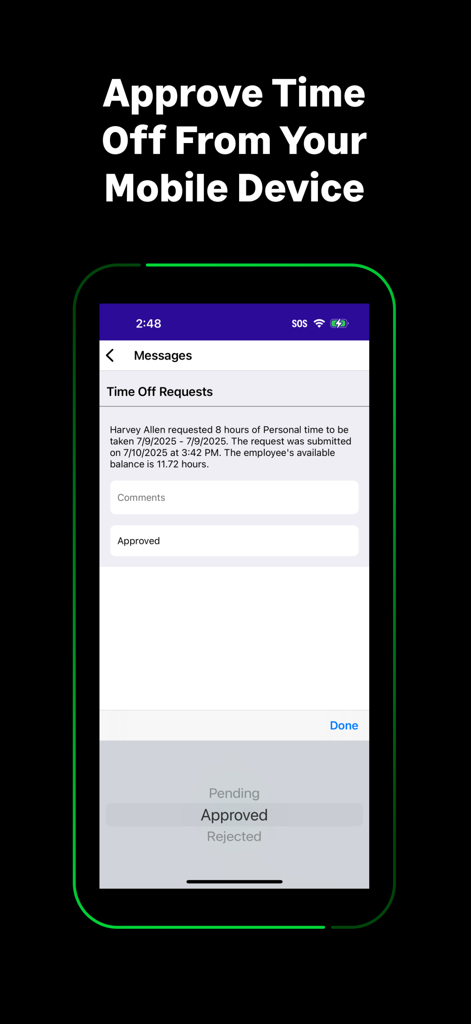 Sage HRMS - Sage HRMS mobile app interface for approving employee time off requests