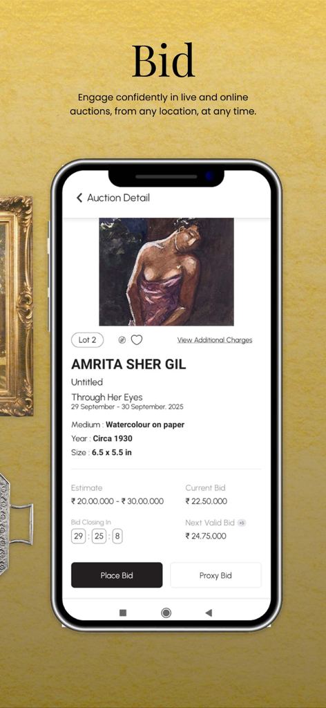 AstaGuru Auction House - Smartphone screen showing the AstaGuru app bidding page for an Amrita Sher-Gil painting with options to place a bid or proxy bid