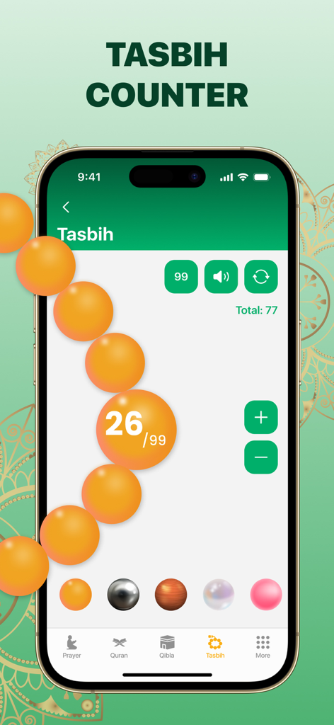 A digital tasbih counter on a mobile screen showing orange prayer beads and a count of twenty six out of ninety nine