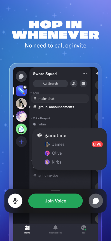 Interface do aplicativo móvel Discord mostrando um canal de voz com usuários ativos e um botão para Entrar na Voz