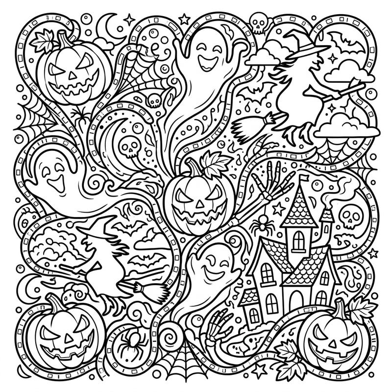 Unleash your creativity with this electrifying Halloween coloring page, where traditional spooky elements intertwine with a modern, intricate LED strip-inspired design. Get ready to bring vibrant life to grinning pumpkins, soaring witches, and playful ghosts within this captivating pattern.