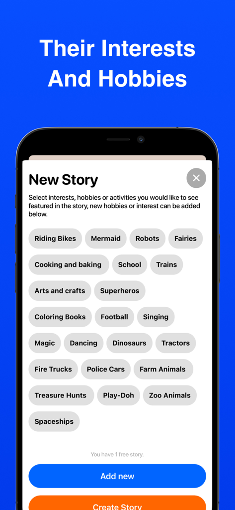 Mobile screen showing a variety of interest and hobby tags to customize a children's bedtime story