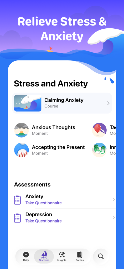 Interfaz del diario de autocuidado de la aplicación Halo que muestra cursos de alivio de la ansiedad y cuestionarios de evaluación de salud mental