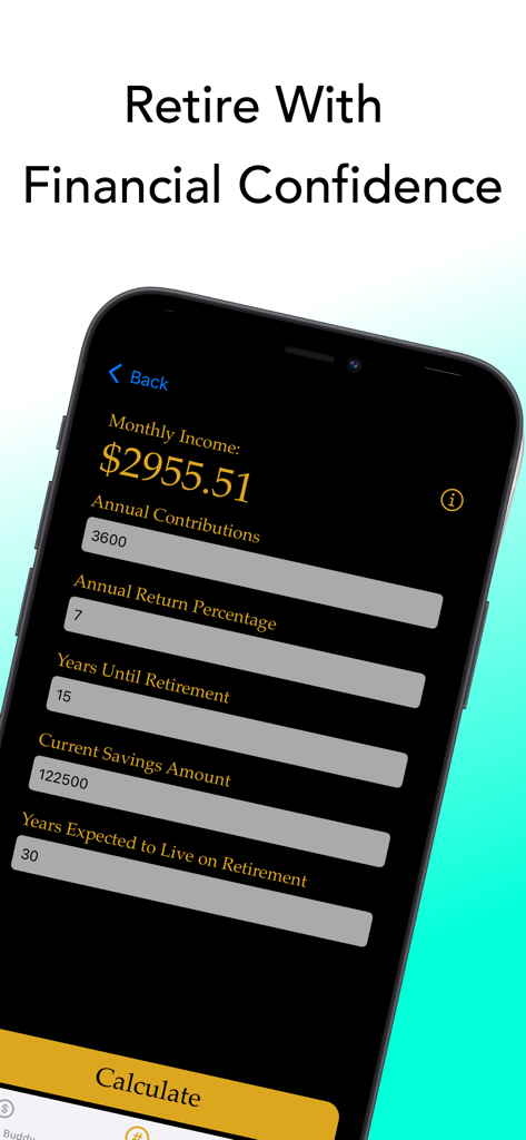 Money Buddy Expense Tracker - Money Buddy app retirement calculator screen with financial input fields