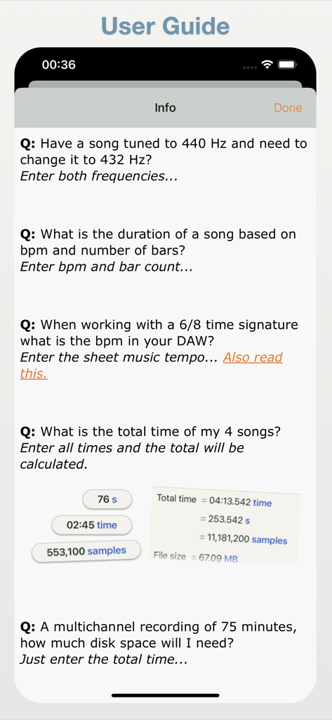 User guide of Studio Calculator app displaying common audio calculation examples and frequently asked questions.