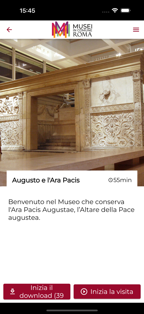 Ara Pacis Roma - Ara Pacis Roma app interface showing the Augustus and the Ara Pacis tour option with a view of the historic altar