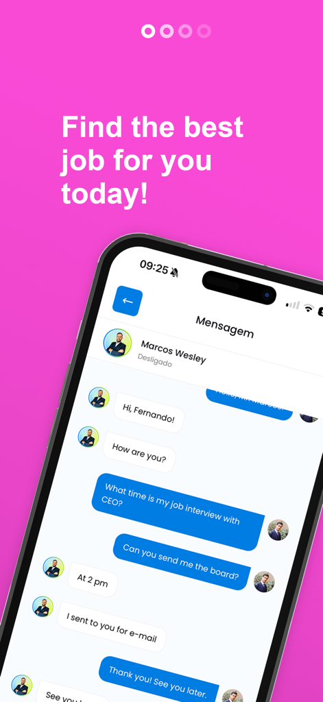 Pantalla de smartphone mostrando la función de mensajería de la aplicación World Work para conectar con oportunidades de empleo