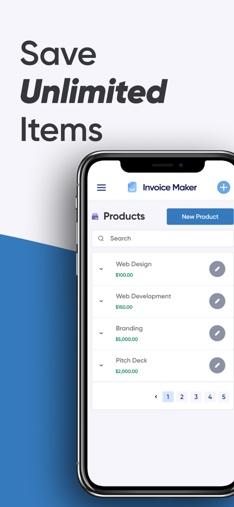 Invoice Maker | Generator - Smartphone exibindo a lista de produtos do aplicativo Criador de Faturas para gerenciar itens de serviço como design de sites e branding