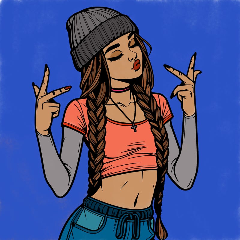 realistic teenage girl with braids and a beanie and crop top doing 🫶🏼