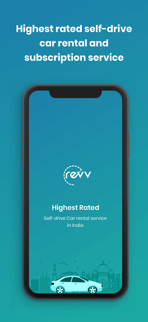 Revv - Self Drive Car Rental - Revv app splash screen showing self drive car rental and subscription service in India