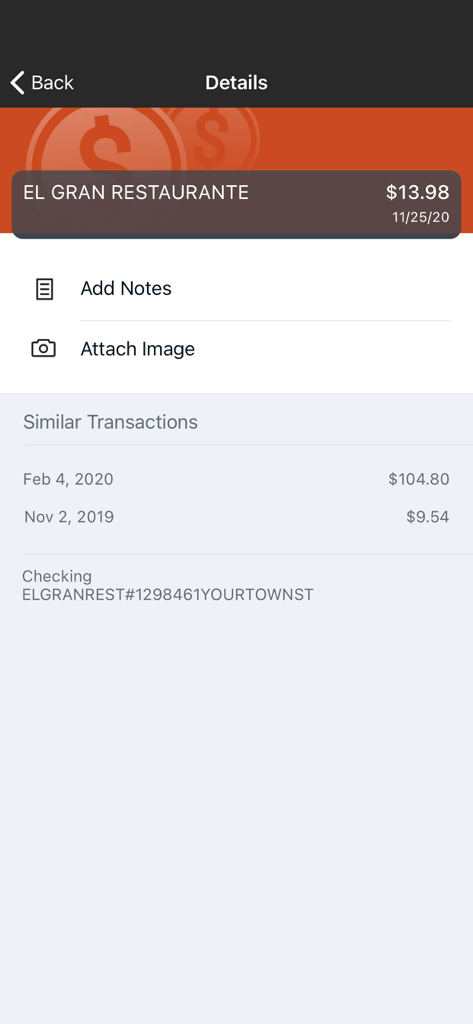 Pantalla de detalles de la transacción en la aplicación CBNA Mobile Banking que muestra una compra con opciones para agregar notas y ver transacciones similares