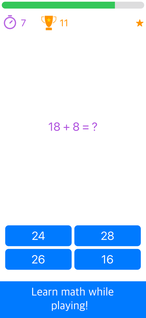 Math Games - Mental Arithmetic - Interfaz de una aplicación de juegos de matemáticas que muestra un problema de suma con respuestas de opción múltiple y una barra de progreso.