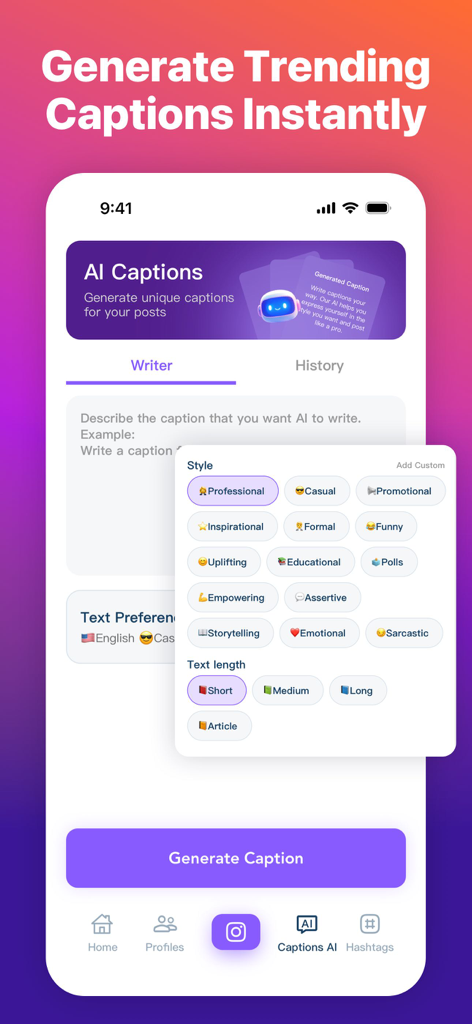 Interfaccia di generazione di didascalie AI per Instagram